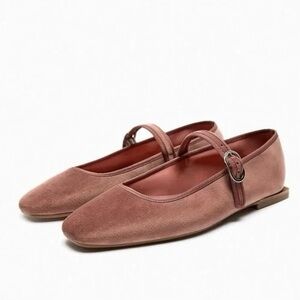 NWT Zara Velvet Mary Jane Ballet Flats Pink